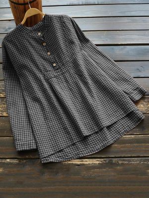 Women Long Sleeve Plaid Buttons Stand Collar Vintage Blouse