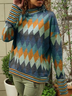 Casual Diamond Print Long Sleeve knitting Blouse