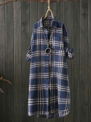 Women Long Sleeve Plaid Casual Asymmetrical Long Blouse