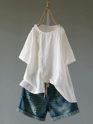 S-5XL Women Short Sleeve O-neck Button Cotton Irregular Hem Blouse