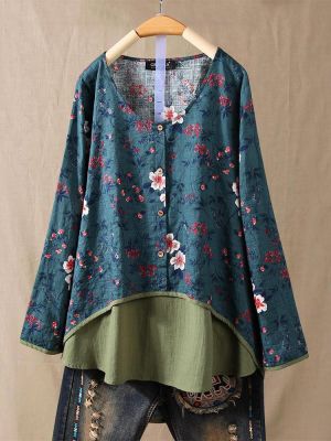 Vintage Floral Print V Neck Long Sleeve Autumn Blouse