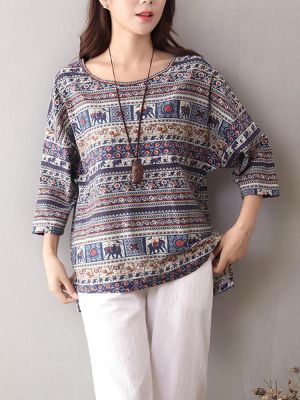 Ethnic Women Printed O-neck Three Quarter Sleeve Loose Asymmetric Blouse
