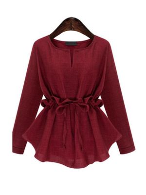 Linen Solid Color Long Sleeve Drawstring Waist Shirts