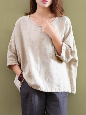 Casual Women Pure Color Pocket 3/4 Sleeve Cotton Tops