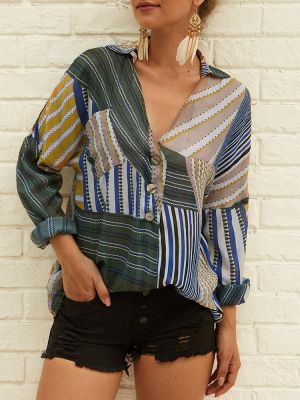 Women Print V-neck Button Long Batwing Sleeve Sunscreen Blouse