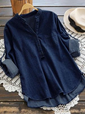 Women Casual Buttons Adjustable Sleeve Denim Blouse
