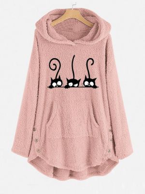 Cat Cartoon Print Long Sleeve Casual Sweatshirt Hoodie With Pocket
