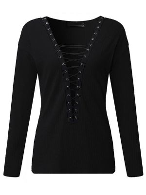 shopping חולצות וסוודרים Sexy Women Lace Up Long Sleeve Plunge V-Neck Sweater