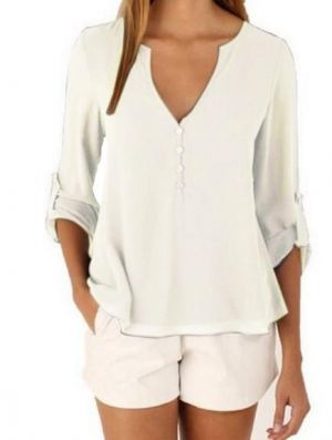 Chiffon Buttons V-Neck Irregular Hem Adjustable Sleeves Solid Causal Blouse