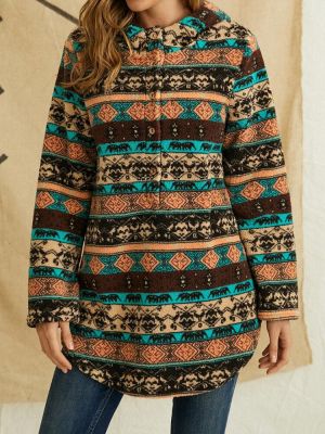 Ethnic Pattern Print Vintage Pocket Hooded Casual Coat for Women