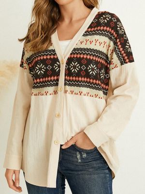 shopping חולצות וסוודרים Vintage Ethnic Pattern Print V-neck Patchwork Button Long Sleeve Casual Blouse