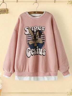 shopping חולצות וסוודרים Cartoon Print Stitching Hem Teddy Round Neck Casual Cute Sweatshirt