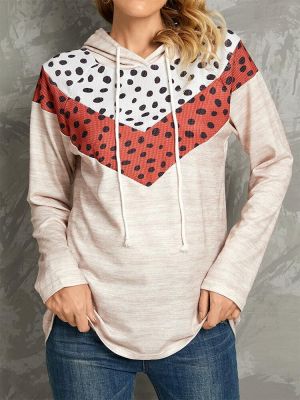 shopping חולצות וסוודרים PolkaDot Print Patchwork Casual Drawstring Long Sleeve Round Neck Hoodies