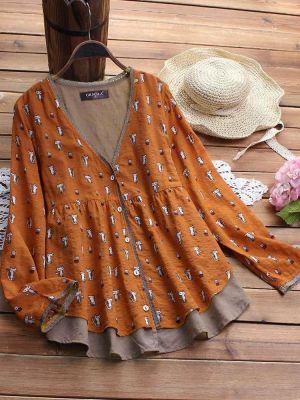 Women Vintage Cat Print V-Neck Long Sleeve Blouse