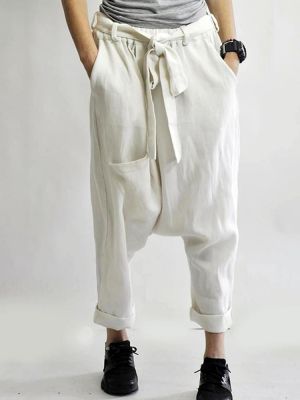 Women Pure Color Elastic Waist Loose Side Pockets Trousers Pants