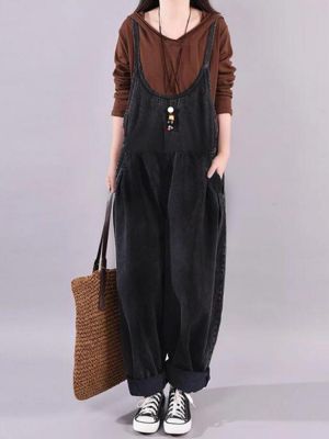 Women Sleeveless Straps Solid Jumpsuit Loose Pocket Overalls