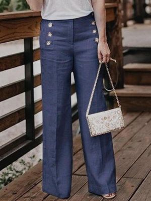 Women Casual Cotton Linen Solid Color High Waist Button Pants