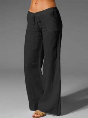 Wide Leg Women Loose Cotton Pure Color Elastic Waist Trousers Pants