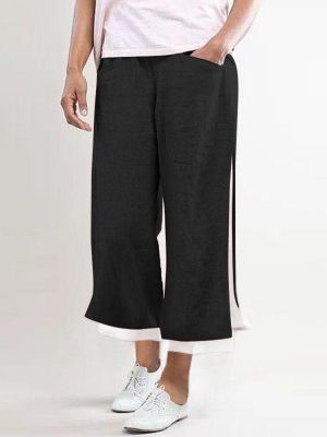 Solid Elastic waist Side Pockets Casual Wide Legs Pants