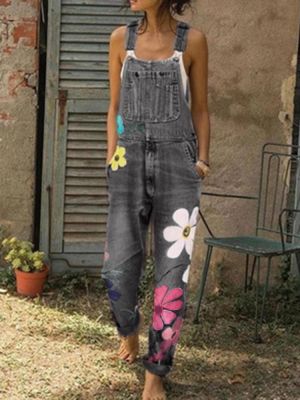 Women Casual Big Flower Print Pockets Denim Jumpsuit
