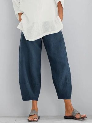 Women Solid Color Cotton Elastic Waist Trouser Pants