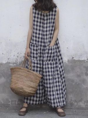 S-5XL Women Sleeveless Plaid Loose Wide Leg Jumpsuit