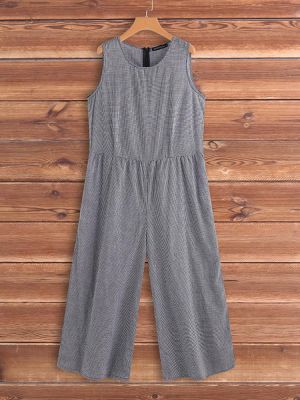 Women Sleeveless Plaid O-neck Overalls Wide Leg Jumpsuit