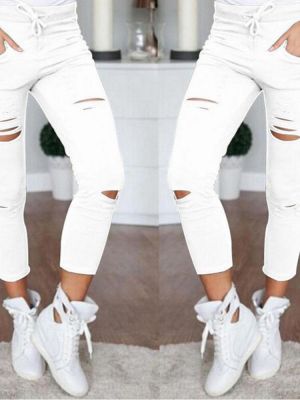 Women Causal Holes High Waist Loose Solid Skinny Jeans