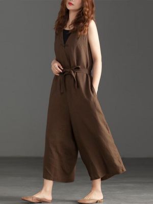 Women Wide Leg Cotton Solid Color V-Neck Sleeveless Jumpsuit with Pockets