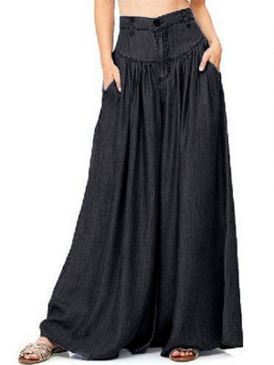Wide Leg Casual Pure Color Side Pocket Trousers Baggy Pants for Women