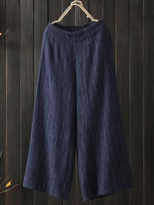 Women High Elastic Waist Loose Cotton Wide Leg Pants with Pockets
