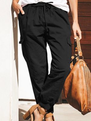 Women Solid Color Cotton Pockets Overalls Trouser Pants
