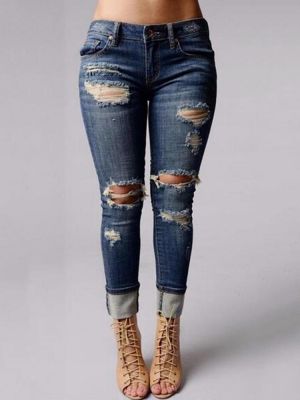 Solid Color Hollow Zipper Fly Casual Ripped Jeans