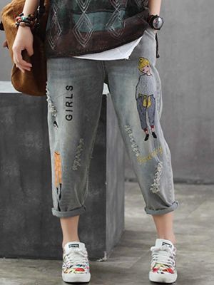 Women Casual Cartoon Embroidery Elastic Waist Denim Jeans