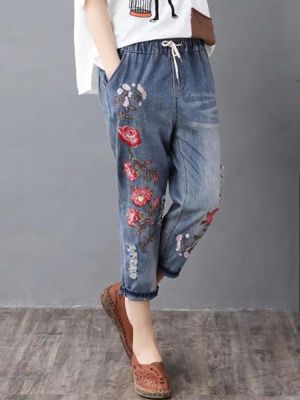Vintage Embroidery Printed High Waist Casual Jeans For Women