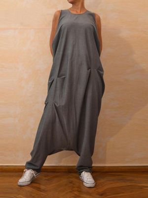 Vintage Women Casual Loose Sleeveless Round Neck Zipper Back Jumpsuit