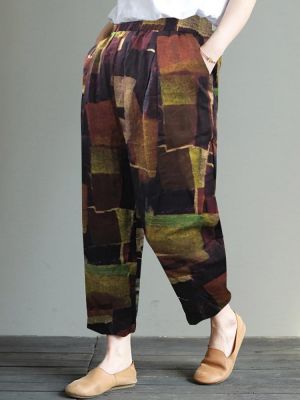 Wide-Legged Women Elastic Waist Geometric Print Side Pockets Trousers Pants