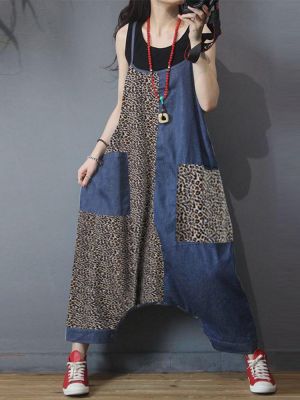 Leopard Print Patchwork Loose Causal Harem Jumpsuit