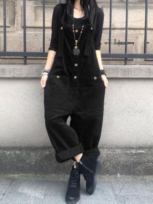 Women Corduroy Casual Loose Adjustable Shoulder Strap Length Front Pockets Jumpsuits