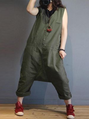 Women Sleeveless V Neck Loose Harem Jumpsuit Overalls