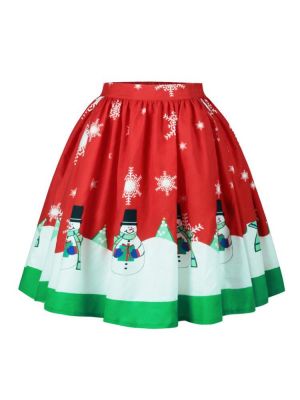 Christmas Casual Snowman Print High Waist Pleated skirts