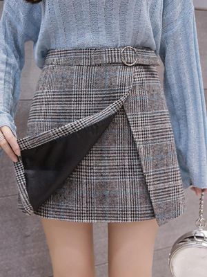 High Waist Plaid A-line Thick Woolen Skirts