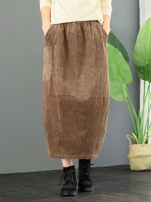 shopping חצאיות Corduroy Elastic Waist Loose Solid Vintage Skirts