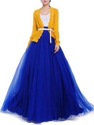 Bow Belt Solid Color Mesh Tulle Pleated High Waist Women Maxi Skirt