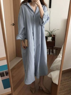 shopping שמלות Plus Size Women Casual Loose Solid Color Long Sleeve Shirt Dress