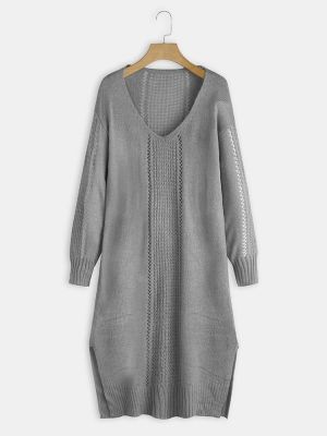 Women Long Sleeve V-neck Solid Sweater Dress