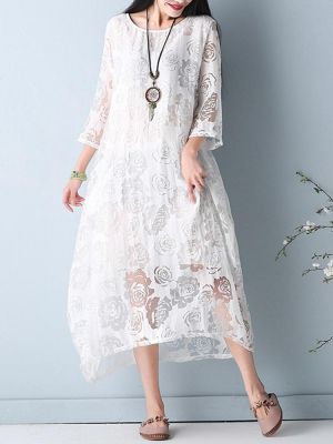 Elegant Women O-Necklace Crochet 3/4 Sleeve Pure Color Midi Dress