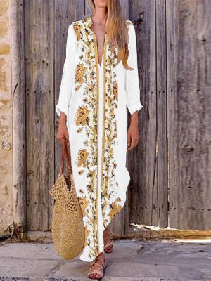 Bohemian Women V Neck Floral Print Beach Holiday Split Maxi Dress