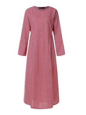 Vintage Women Cotton Plaid Casual Long Maxi Shirt Dress