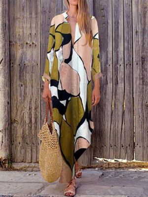 Bohemian Women Long Sleeve V Neck Daily Casual Floral Print Maxi Dress